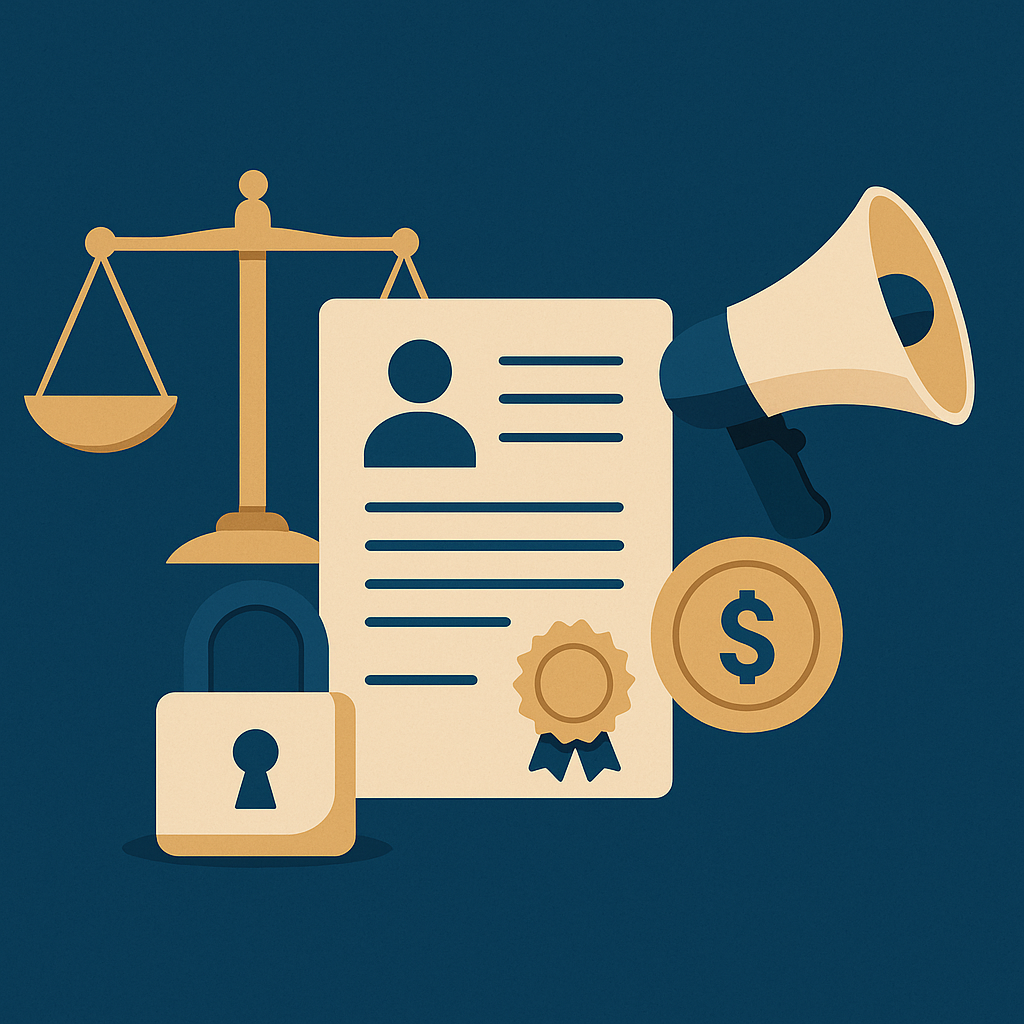 Scale, paperwork, megaphone, and keyhole